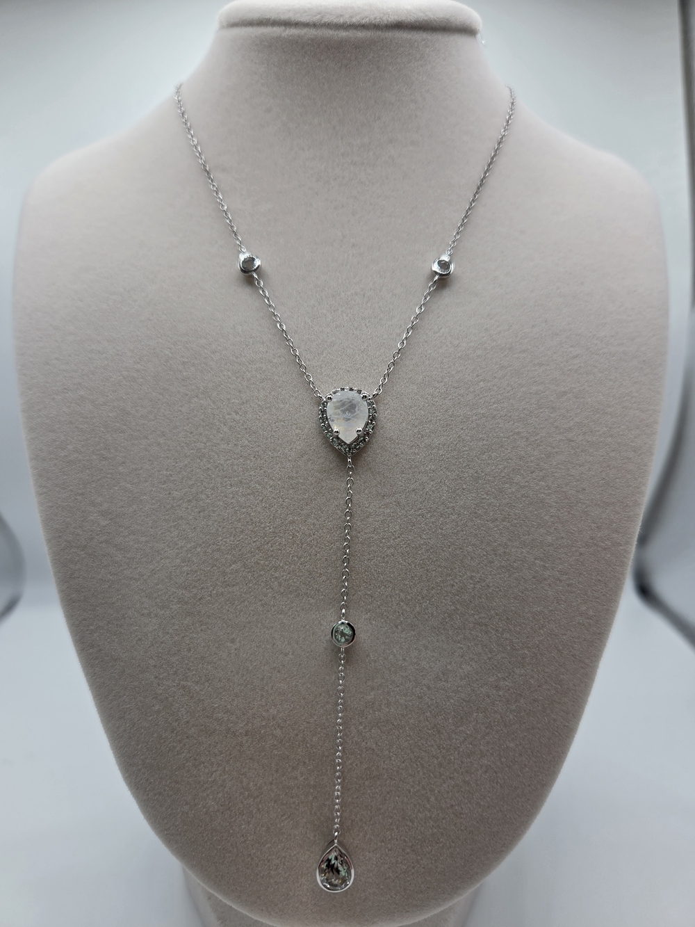 Moon Magic Moonstone Lariat Necklace with Clear Stones, Sterling Silver